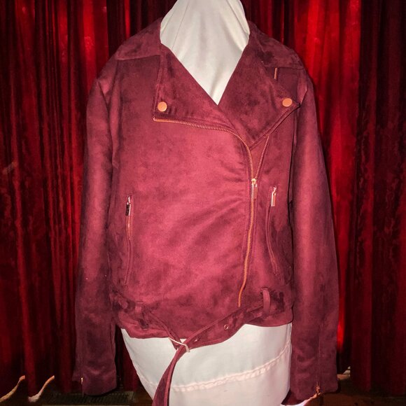 LC Lauren Conrad Runway Faux Suede Moto Jacket, NWT, Wine, Size 16 - Picture 1 of 10